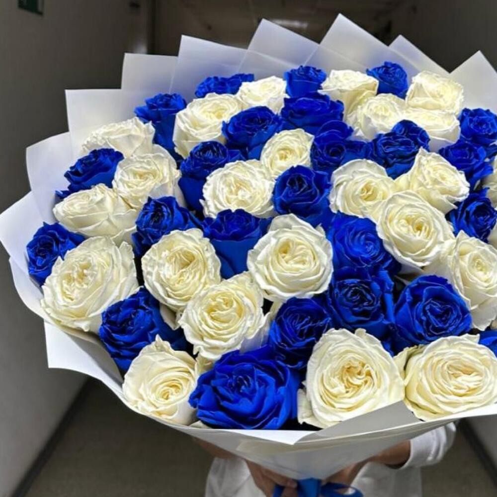 Букет из 51 синей и белой розы